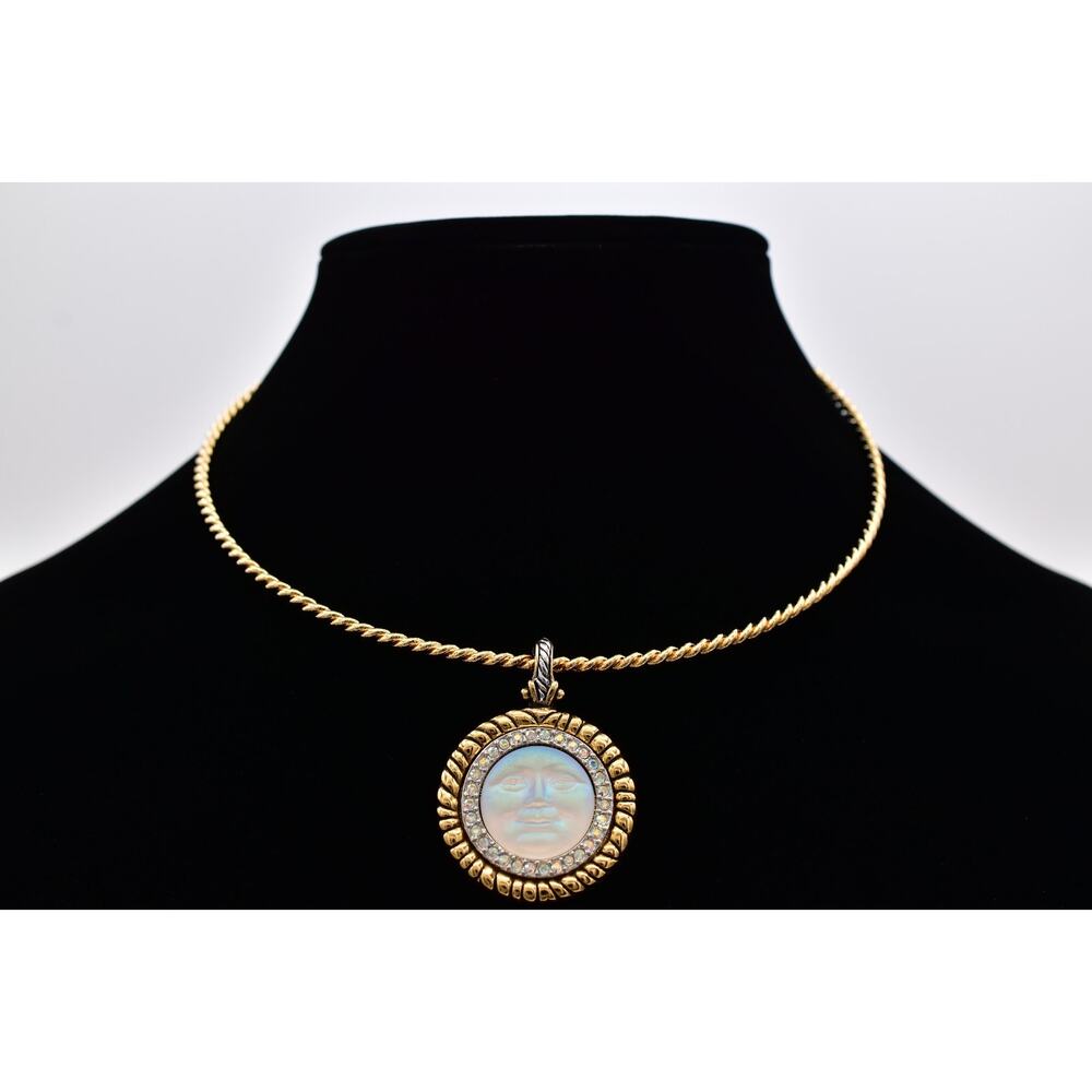 Vintage Kirks Folly Seaview Moon Face Pendant Necklace Gold AB Crystal 80s Bin3D